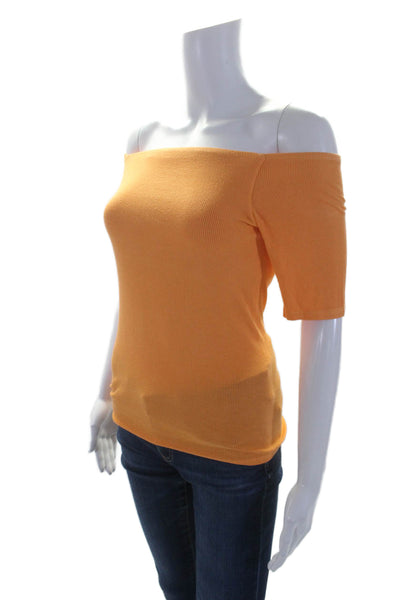 Enza Costa Women's Boat Neck Short Sleeves Ribbed Blouse Orange Size L