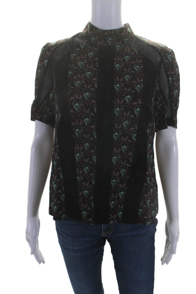 A.L.C. Womens Silk Short Sleeve Mock Neck Back Zip Floral Top Black Size 6