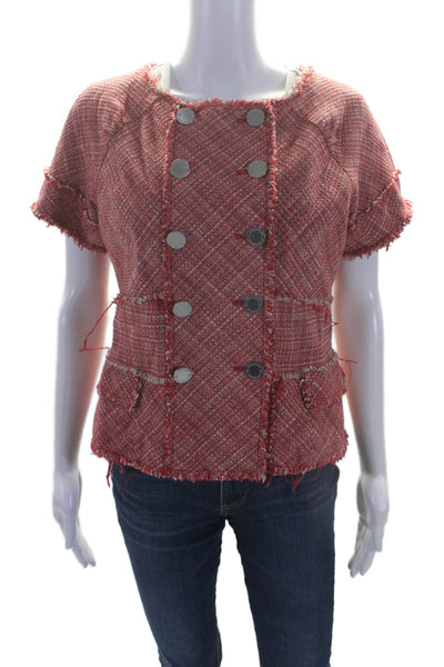 BCBGMAXAZRIA Womens Cotton Short Sleeve Button Tweed Blazer Red Size S