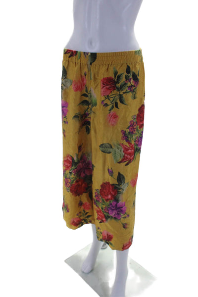 Alice + Olivia Womens Textured Elastic Waistband Floral Crop Flowy Pants Yellow