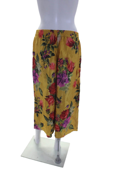 Alice + Olivia Womens Textured Elastic Waistband Floral Crop Flowy Pants Yellow