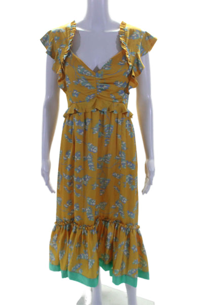 Three Floor Womens Sleeveless V-neck Ruffle Tier Maxi Floral Dress Yellow Size 6