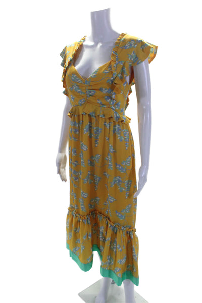 Three Floor Womens Sleeveless V-neck Ruffle Tier Maxi Floral Dress Yellow Size 6