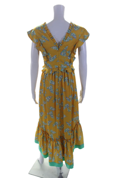 Three Floor Womens Sleeveless V-neck Ruffle Tier Maxi Floral Dress Yellow Size 6