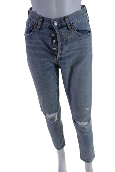 Agolde Womens Cotton Distressed Button Fly Mid-Rise Skinny Jeans Blue Size 23