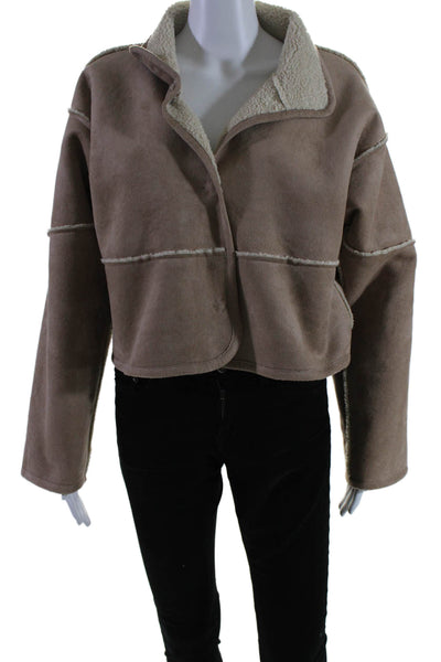 Designer Womens Faux Suede Snap Closure Sherpa Lined Cropped Jacket Brown Size S