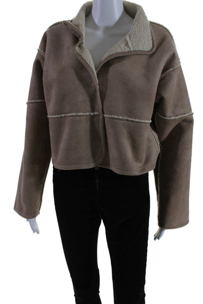 Designer Womens Faux Suede Snap Closure Sherpa Lined Cropped Jacket Brown Size S