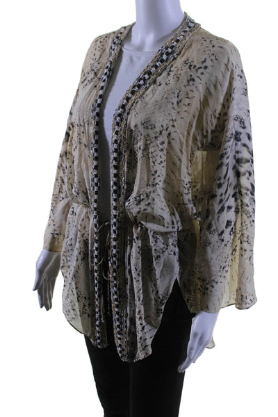 Haute Hippie Womens Silk Animal Printed Beaded Front Tied Cardigan Beige Size M