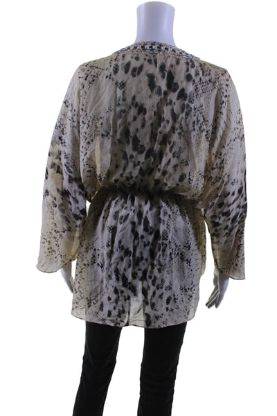 Haute Hippie Womens Silk Animal Printed Beaded Front Tied Cardigan Beige Size M