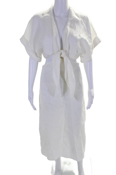 Just Bee Queen Womens Short Sleeve Tie Front Cut Out Linen Dress White Small