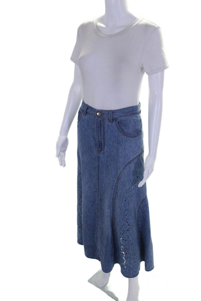 Chloe Womens Zipper Fly Floral Embroidered Denim Midi Skirt Blue Size FR 36