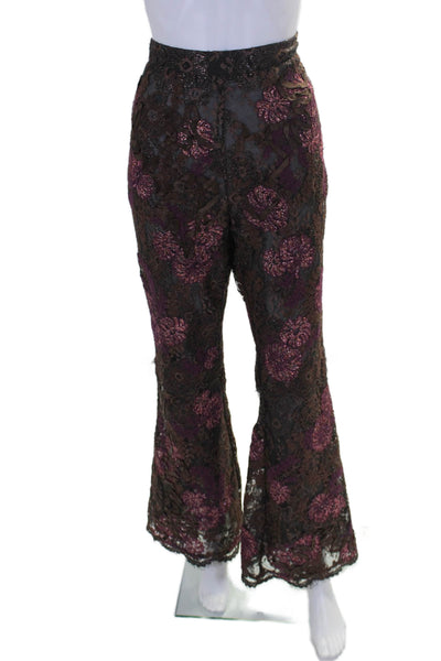 Gucci Womens Side Zip High Rise Metallic Lace Flare Pants Brown Purple IT 40