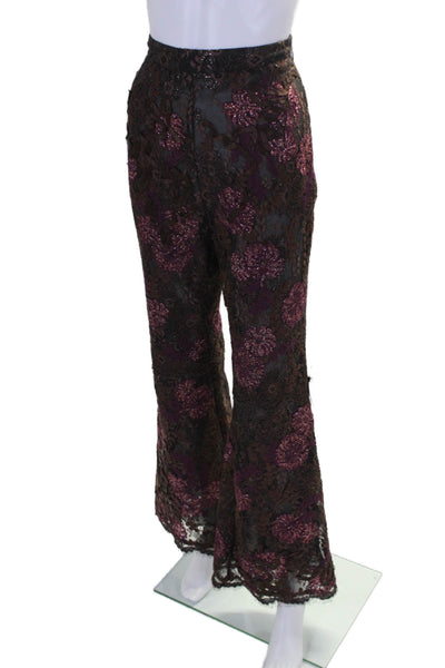 Gucci Womens Side Zip High Rise Metallic Lace Flare Pants Brown Purple IT 40