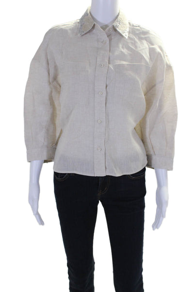 Brunello Cucinelli Womens Button Front Sequin Collar Linen Shirt Beige Small