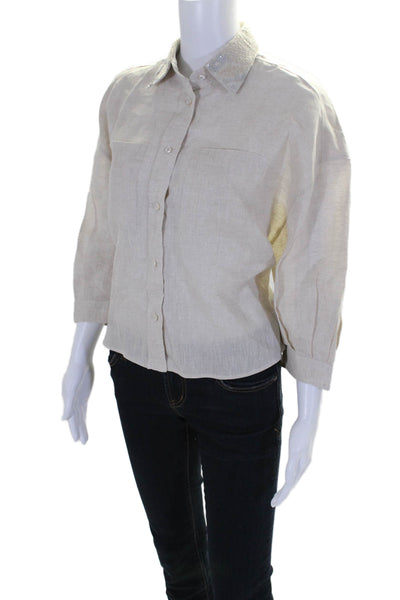 Brunello Cucinelli Womens Button Front Sequin Collar Linen Shirt Beige Small