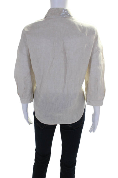 Brunello Cucinelli Womens Button Front Sequin Collar Linen Shirt Beige Small