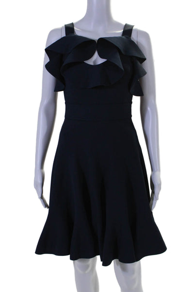 Alexander McQueen Womens Side Zip Ruffled Scoop Neck A Line Dress Navy Small