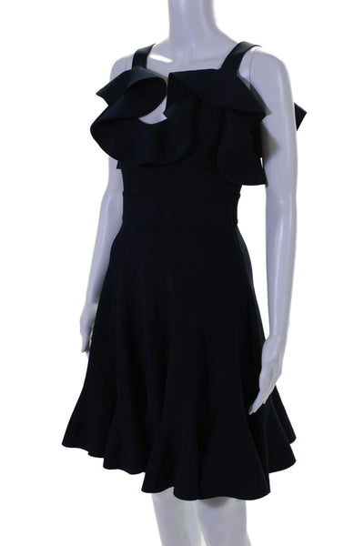 Alexander McQueen Womens Side Zip Ruffled Scoop Neck A Line Dress Navy Small