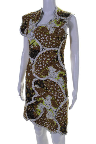 Bottega Veneta Womens Back Zip Beaded Abstract Knit Dress Brown White Size Small