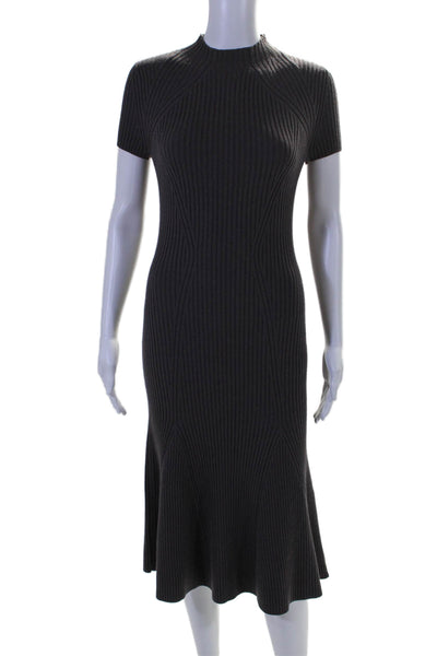 Bottega Veneta Womens Short Sleeve Mock Neck Ribbed Midi Dress Purple Size IT 38