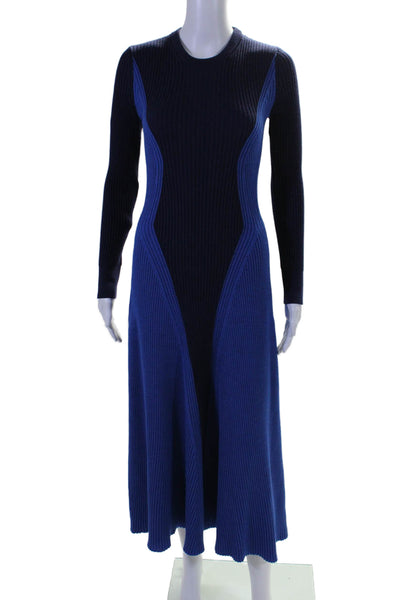 Alexander McQueen Womens Long Sleeve Ribbed Knit Two Toned Dress Blue Wool Small