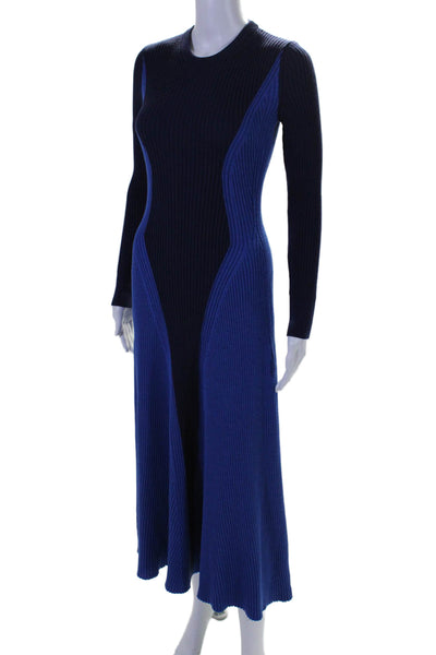 Alexander McQueen Womens Long Sleeve Ribbed Knit Two Toned Dress Blue Wool Small