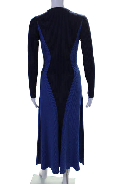 Alexander McQueen Womens Long Sleeve Ribbed Knit Two Toned Dress Blue Wool Small