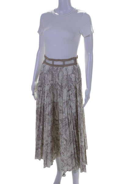 Christian Dior Womens Side Zip Mesh Trim Pleated Abstract Skirt White Brown 4