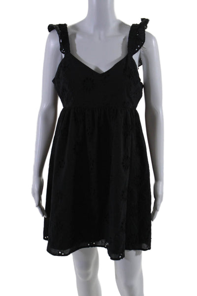 Wayf Womens Cotton Eyelet Lace V Neck Ruffle Trim Mini Dress Black Size M