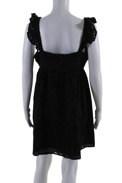 Wayf Womens Cotton Eyelet Lace V Neck Ruffle Trim Mini Dress Black Size M