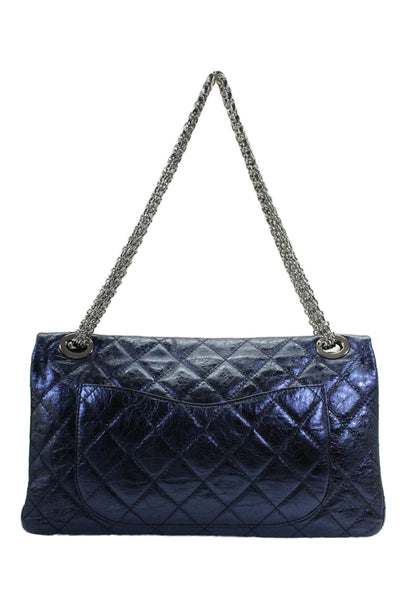 Chanel Womens Metallic Quilted Leather Reissue 226 Double Flap Bag Handbag Blue