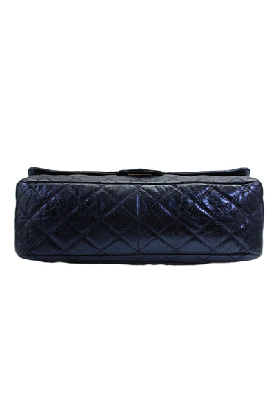 Chanel Womens Metallic Quilted Leather Reissue 226 Double Flap Bag Handbag Blue