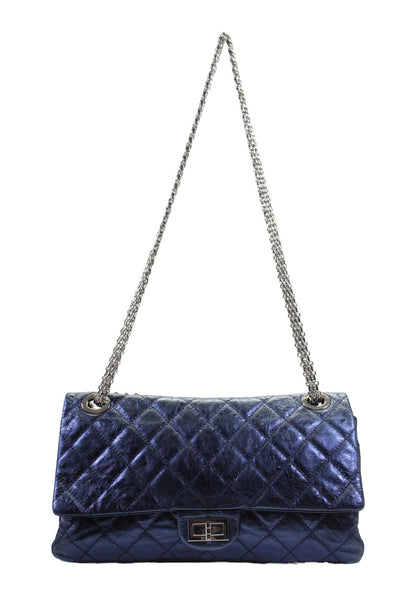 Chanel Womens Metallic Quilted Leather Reissue 226 Double Flap Bag Handbag Blue