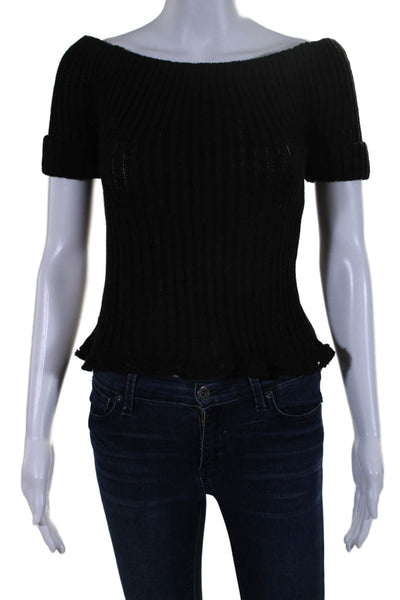 Christian Dior Womens Ribbed Embroidered Off-the-Shoulder Sweater Black Size 4