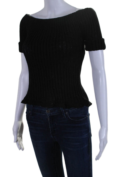 Christian Dior Womens Ribbed Embroidered Off-the-Shoulder Sweater Black Size 4