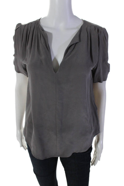 Joie Womens Silk Short Sleeved Front Pleated V Neck Blouse Gray Size XS