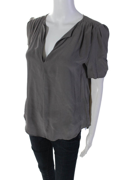 Joie Womens Silk Short Sleeved Front Pleated V Neck Blouse Gray Size XS