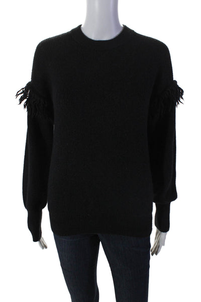 Tory Burch Womens Alpaca Fringe Shoulder Long Sleeve Pullover Sweater Black Size