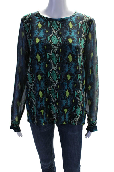 Equipment Femme Womens Silk Animal Print Round Neck Long Sleeve Top Blue Size S