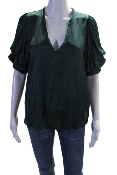 Zadig & Voltaire Women's V-Neck Short Sleeves Ruffle Blouse Green Size S