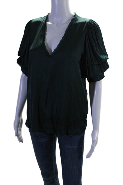 Zadig & Voltaire Women's V-Neck Short Sleeves Ruffle Blouse Green Size S