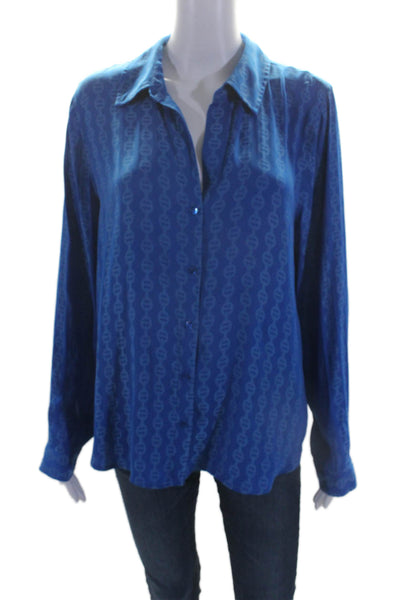 L'Agence Womens Blue Printed Collar Long Sleeve Button Front Blouse Top Size L