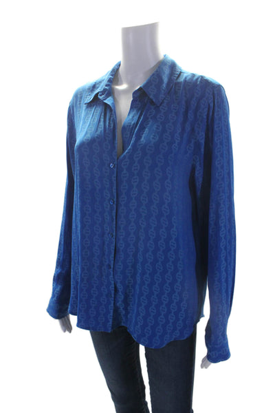 L'Agence Womens Blue Printed Collar Long Sleeve Button Front Blouse Top Size L