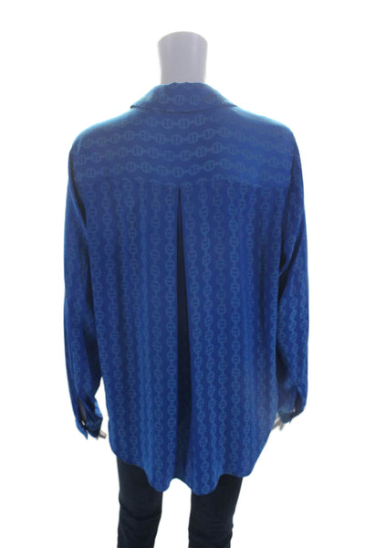 L'Agence Womens Blue Printed Collar Long Sleeve Button Front Blouse Top Size L