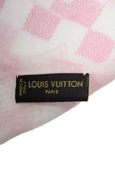 Louis Vuitton Womens Fringe Trim Monogram Logo Cashmere Scarf Pink White 72"x60"