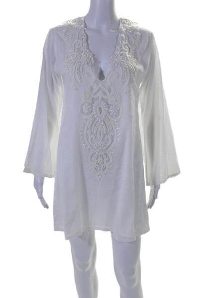 Ananya Womens Long Sleeve V Neck Beaded Mini Shirt Dress White Size Medium