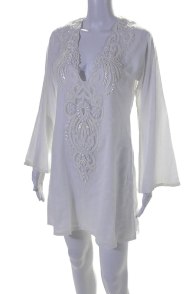 Ananya Womens Long Sleeve V Neck Beaded Mini Shirt Dress White Size Medium