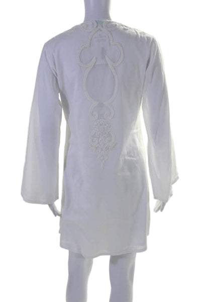 Ananya Womens Long Sleeve V Neck Beaded Mini Shirt Dress White Size Medium