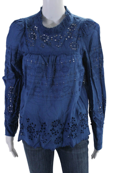 Sea New York Womens Long Sleeve Crew Neck Eyelet Blouse Blue Cotton Size 6