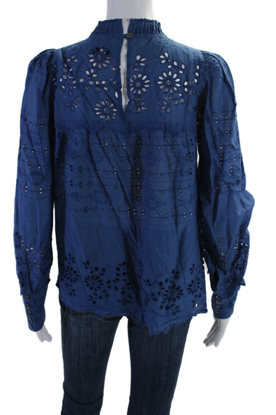 Sea New York Womens Long Sleeve Crew Neck Eyelet Blouse Blue Cotton Size 6